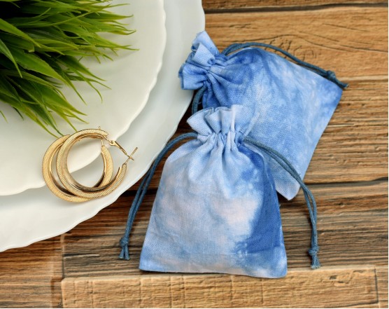 Blue Tie Dye Custom Logo Jewelry Pouch, Wedding Favor Bag, Cotton Drawstring Pouch