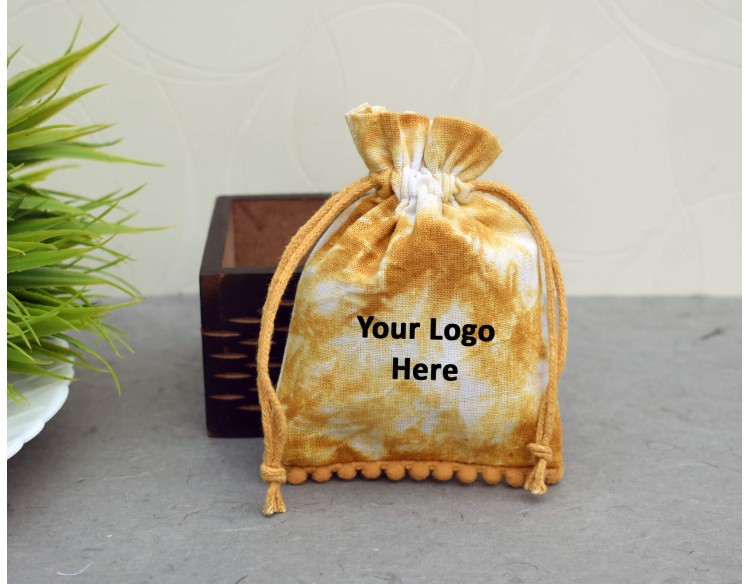 Yellow Tie Dye Custom Drawstring Pouch, Pom Pom Cotton Jewelry Packaging Bags, Wedding Favor Bag