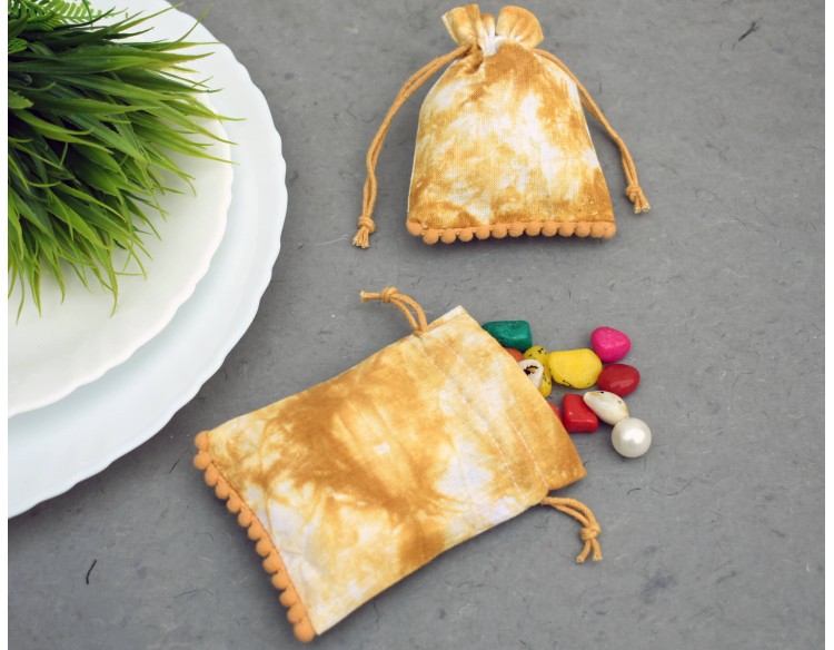Yellow Tie Dye Custom Drawstring Pouch, Pom Pom Cotton Jewelry Packaging Bags, Wedding Favor Bag