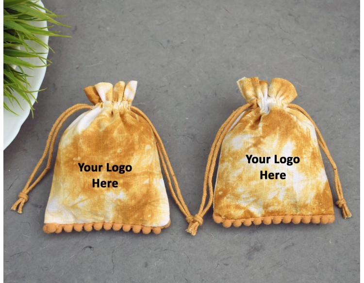 Yellow Tie Dye Custom Drawstring Pouch, Pom Pom Cotton Jewelry Packaging Bags, Wedding Favor Bag