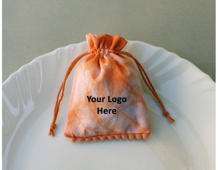 Orange Tie Dye Personalised Drawstring Pouch Bag, Pom Pom Jewelry Packaging Pouches