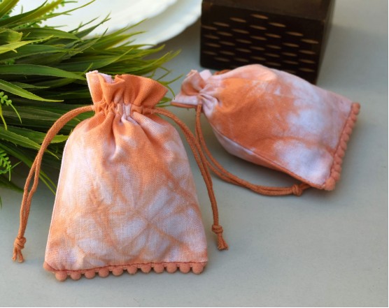 Orange Tye Dye Personalised Drawstring Pouch Bag, Pom Pom Jewelry Packaging Pouches