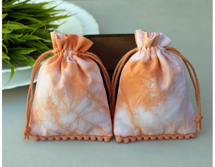 Orange Tie Dye Personalised Drawstring Pouch Bag, Pom Pom Jewelry Packaging Pouches