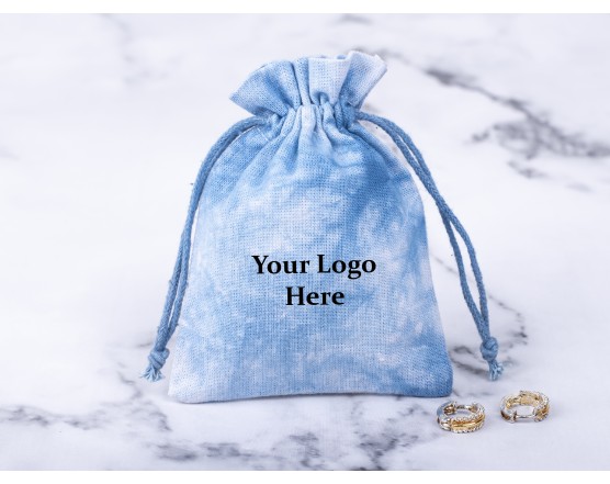 100 Blue Tie Dye Custom Jewelry Pouch, Wedding Favor Bag, Cotton Drawstring Pouch