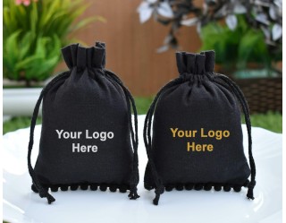 Designer Black Drawstring Pouch, Custom Jewelry Pouch, Wedding Favor Bag