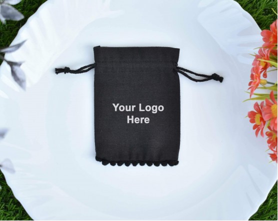 Designer Black Drawstring Pouch, Custom Jewelry Pouch, Wedding Favor Bag