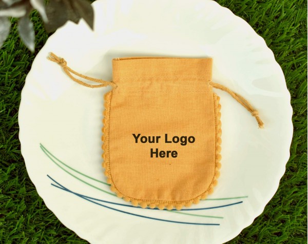 Designer Yellow Drawstring Pouch, Custom Logo Jewelry Pouch, Wedding Favor Bag