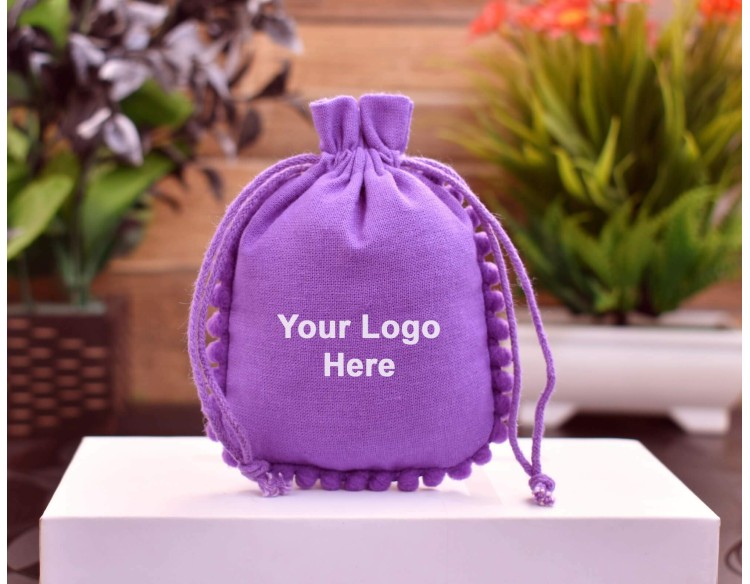 Designer Purple Cotton Drawstring Pouch, Jewelry Pouches, Wedding Favor Bags