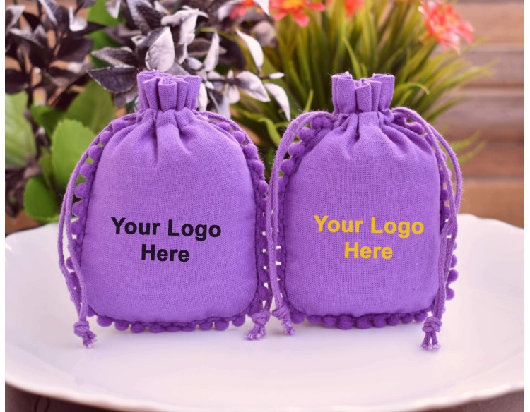 Designer Purple Cotton Drawstring Pouch, Jewelry Pouches, Wedding Favor Bags