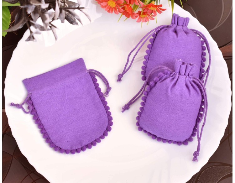 Designer Purple Cotton Drawstring Pouch, Jewelry Pouches, Wedding Favor Bags