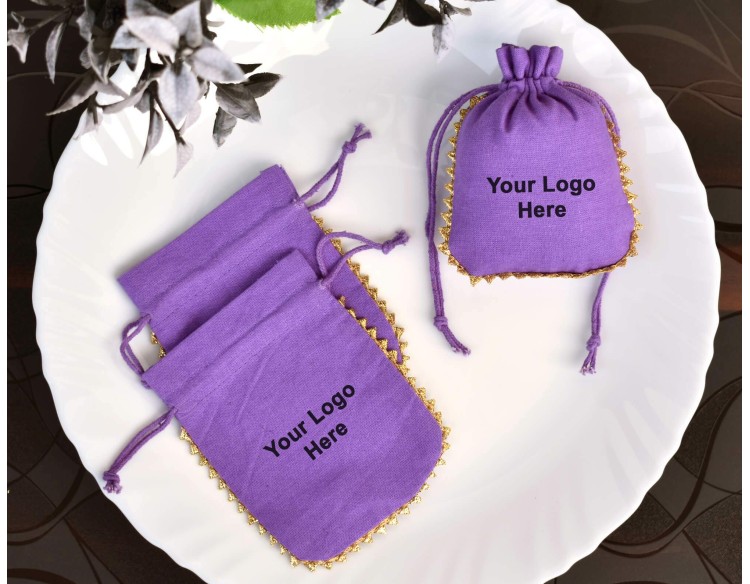 Designer Purple Cotton Drawstring Pouch, Custom  Jewelry Package, Wedding Favor Bag