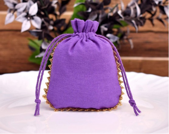 Designer Purple Cotton Drawstring Pouch, Custom  Jewelry Package, Wedding Favor Bag