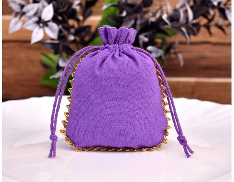 Designer Purple Cotton Drawstring Pouch, Custom  Jewelry Package, Wedding Favor Bag