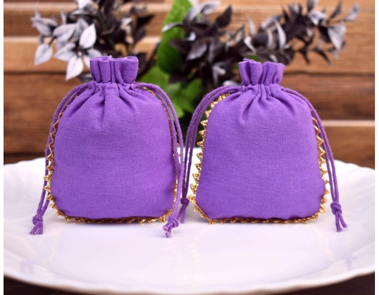 Designer Purple Cotton Drawstring Pouch, Custom  Jewelry Package, Wedding Favor Bag