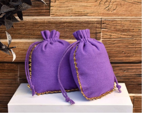 Designer Purple Cotton Drawstring Pouch, Custom  Jewelry Package, Wedding Favor Bag