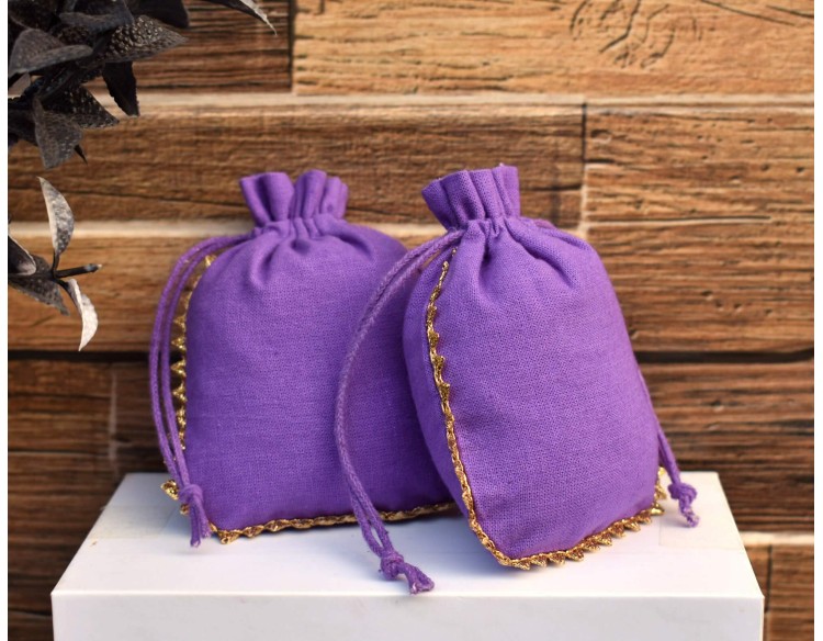 Designer Purple Cotton Drawstring Pouch, Custom  Jewelry Package, Wedding Favor Bag