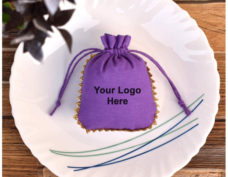 Designer Purple Cotton Drawstring Pouch, Custom  Jewelry Package, Wedding Favor Bag