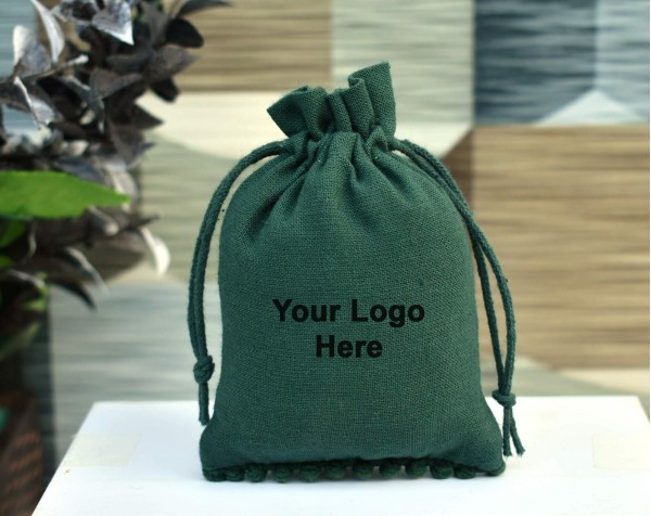 Designer Green Cotton Drawstring Pouch, Custom  Jewellery Package, Wedding Favor Bag