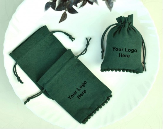 Designer Green Cotton Drawstring Pouch, Custom  Jewellery Package, Wedding Favor Bag