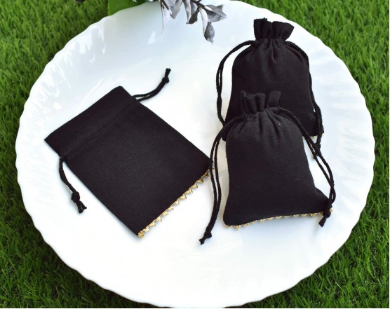 Designer Black Drawstring Pouch, Custom Cotton Jewelry Package, Wedding Favor Bag