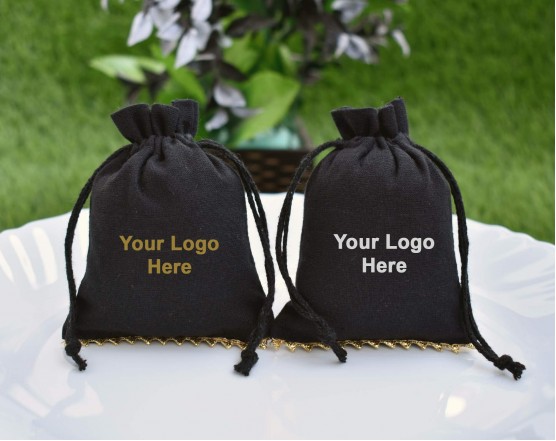 Designer Black Drawstring Pouch, Custom Cotton Jewelry Package, Wedding Favor Bag