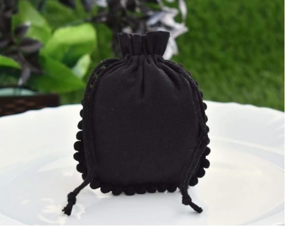 Designer Black Custom Drawstring Pouch, Cotton Jewelry Package, Wedding Favor Bag