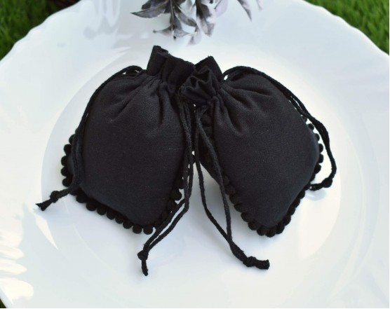 Designer Black Custom Drawstring Pouch, Cotton Jewelry Package, Wedding Favor Bag