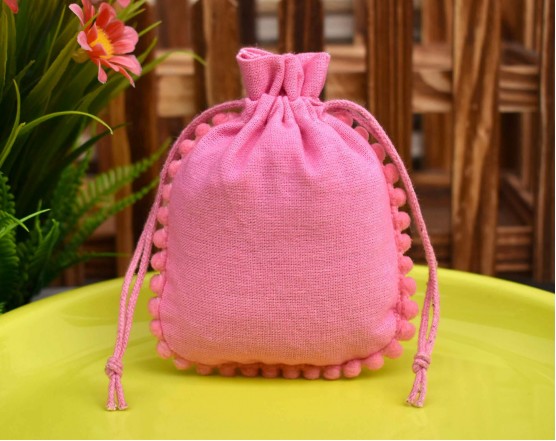 Pink Designer Cotton Drawstring Pouch, Cotton Jewellery Package, Custom Wedding Favor Bag