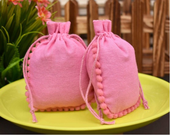 Pink Designer Cotton Drawstring Pouch, Cotton Jewellery Package, Custom Wedding Favor Bag