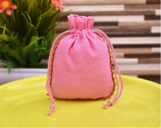 Pink Cotton Drawstring Pouch, Cotton Jewelry Bag, Custom Wedding Favor Bag