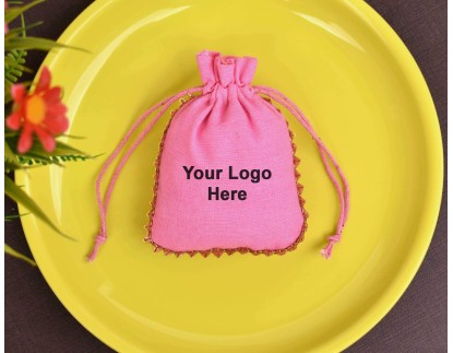 Pink Cotton Drawstring Pouch, Cotton Jewelry Bag, Custom Wedding Favor Bag