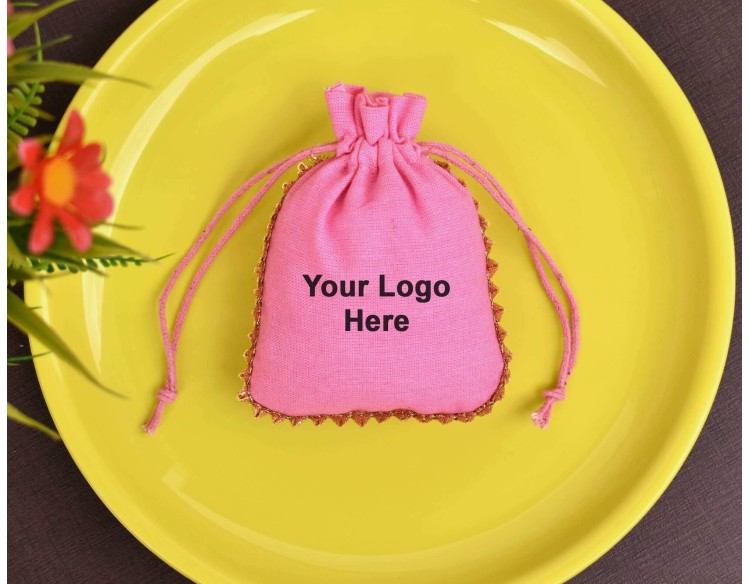 Pink Cotton Drawstring Pouch, Cotton Jewelry Bag, Custom Wedding Favor Bag