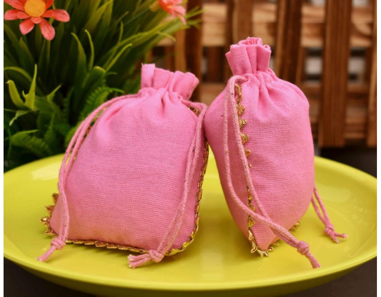 Pink Cotton Drawstring Pouch, Cotton Jewelry Bag, Custom Wedding Favor Bag