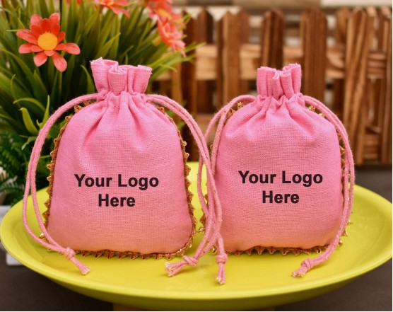 Pink Cotton Drawstring Pouch, Cotton Jewelry Bag, Custom Wedding Favor Bag