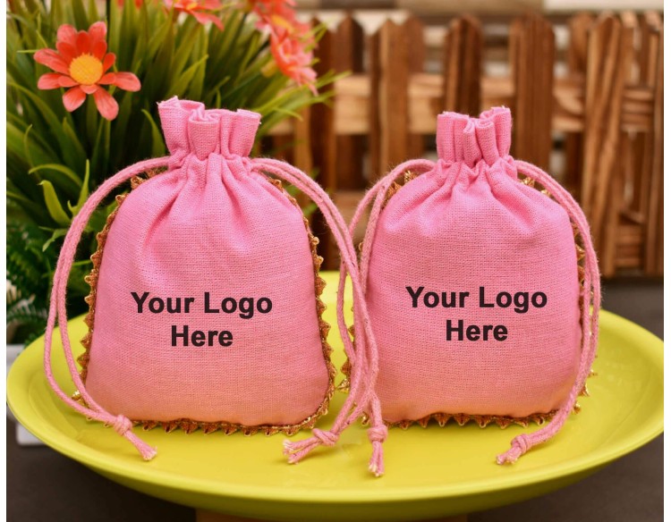 Pink Cotton Drawstring Pouch, Cotton Jewelry Bag, Custom Wedding Favor Bag