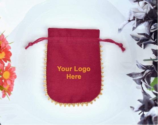 Designer Red Custom Jewelry Pouch, Wedding Favor Bag, Cotton Drawstring Bag