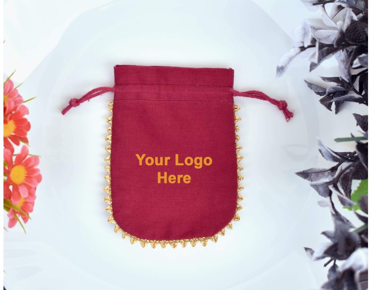 Designer Red Custom Jewelry Pouch, Wedding Favor Bag, Cotton Drawstring Bag