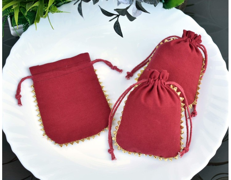 Designer Red Custom Jewelry Pouch, Wedding Favor Bag, Cotton Drawstring Bag