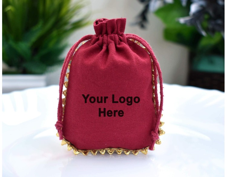 Designer Red Custom Jewelry Pouch, Wedding Favor Bag, Cotton Drawstring Bag