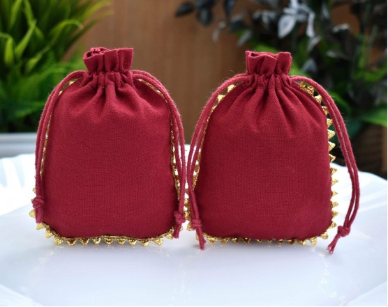 Designer Red Custom Jewelry Pouch, Wedding Favor Bag, Cotton Drawstring Bag