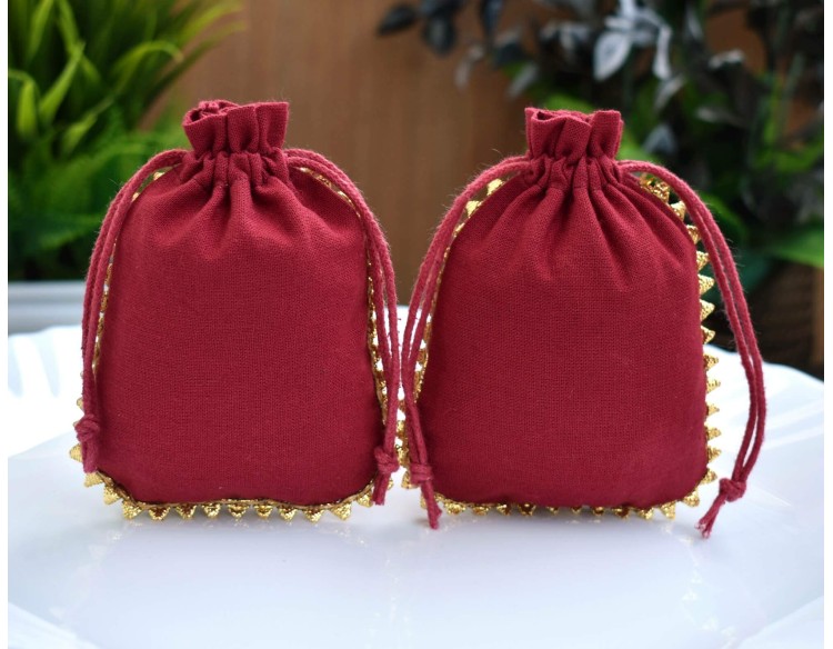 Designer Red Custom Jewelry Pouch, Wedding Favor Bag, Cotton Drawstring Bag