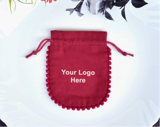 Designer Pom Pom Red Custom Logo Jewelry Pouch, Wedding Favor Bag, Cotton Drawstring Bag