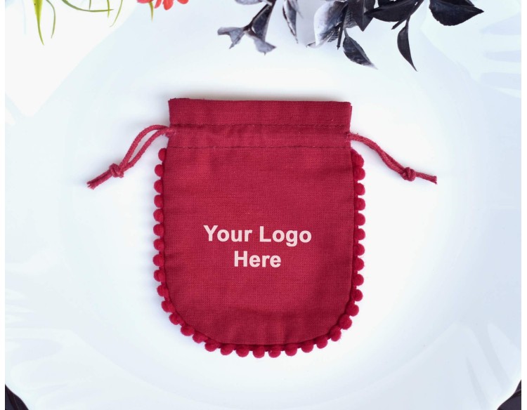 Designer Pom Pom Red Custom Logo Jewelry Pouch, Wedding Favor Bag, Cotton Drawstring Bags