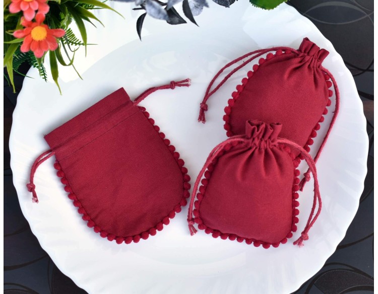 Designer Pom Pom Red Custom Logo Jewelry Pouch, Wedding Favor Bag, Cotton Drawstring Bags