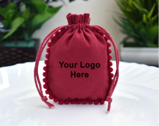 Designer Pom Pom Red Custom Logo Jewelry Pouch, Wedding Favor Bag, Cotton Drawstring Bag