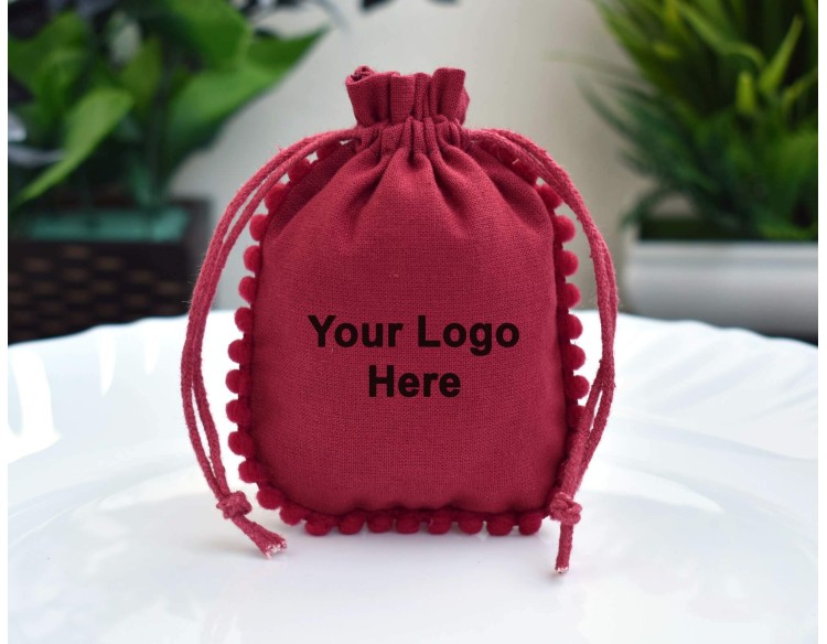 Designer Pom Pom Red Custom Logo Jewelry Pouch, Wedding Favor Bag, Cotton Drawstring Bags