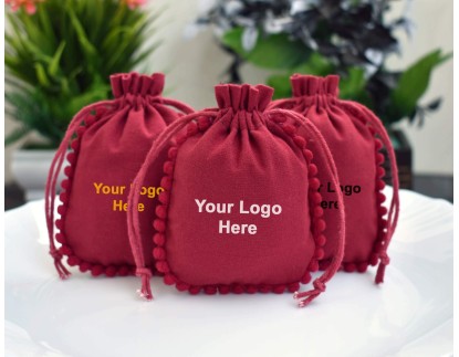 Designer Pom Pom Red Custom Logo Jewelry Pouch, Wedding Favor Bag, Cotton Drawstring Bags