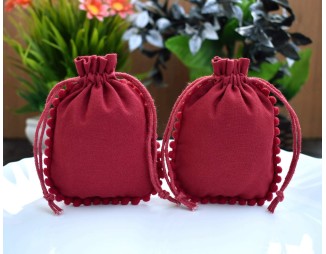 Designer Pom Pom Red Custom Logo Jewelry Pouch, Wedding Favor Bag, Cotton Drawstring Bags