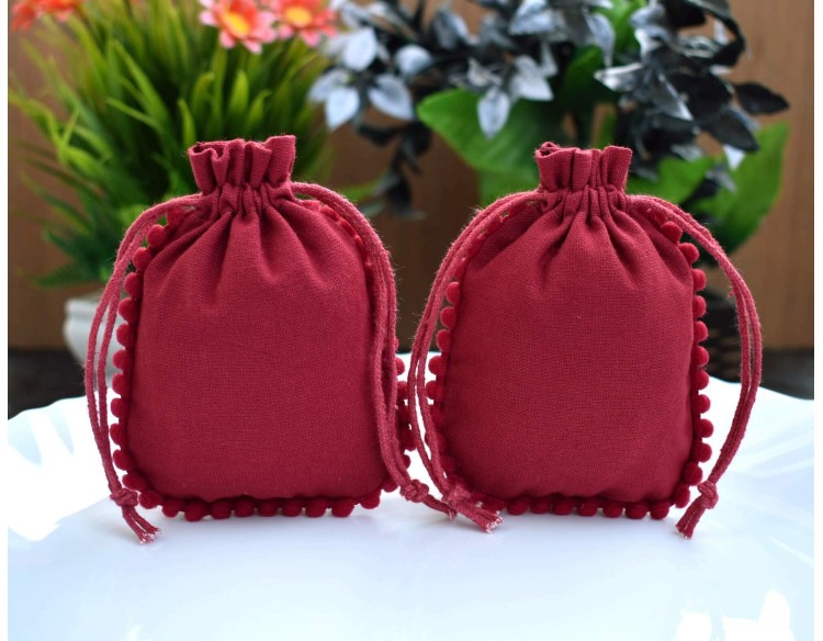 Designer Pom Pom Red Custom Logo Jewelry Pouch, Wedding Favor Bag, Cotton Drawstring Bags