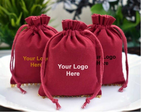 Red Designer Custom Logo Jewelry Pouch, Favor Bag, Cotton Drawstring Pouch
